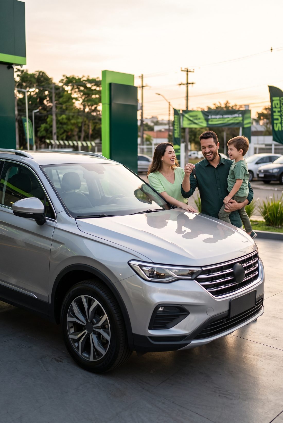 Família recebendo as chaves do carro novo conquistado com o consórcio Suhai